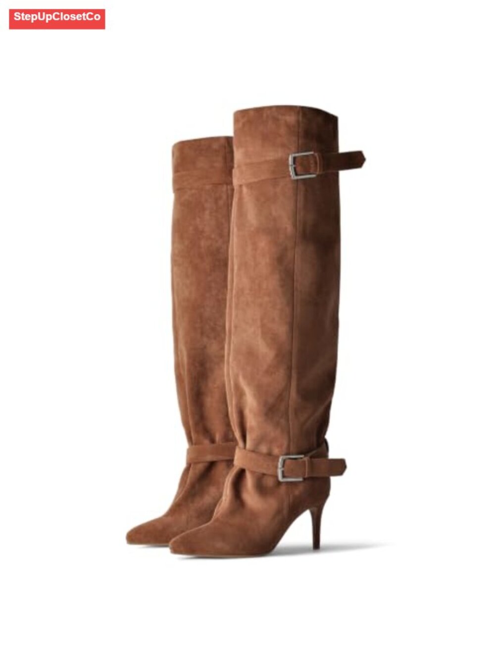 Suede Slouch Over-The-Knee Boots Kitten Heel Buckle Belt